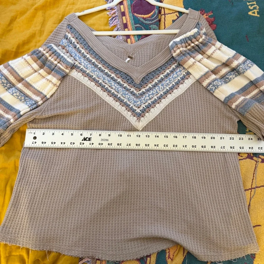 Free‎ People We The Free Waffle Knit Boho Crochet V-Neck Top Taupe Blue Large